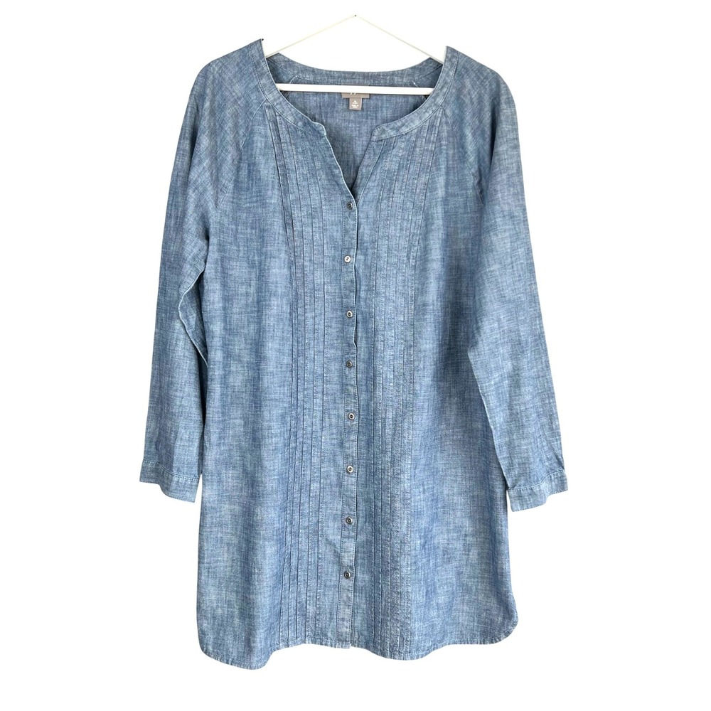 J. Jill Womens Blue Cotton Chambray Pintuck Button Down Tunic Top M Petite